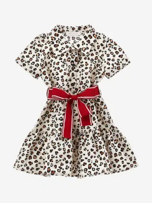 Girls Leopard Shirt Dress in Beige