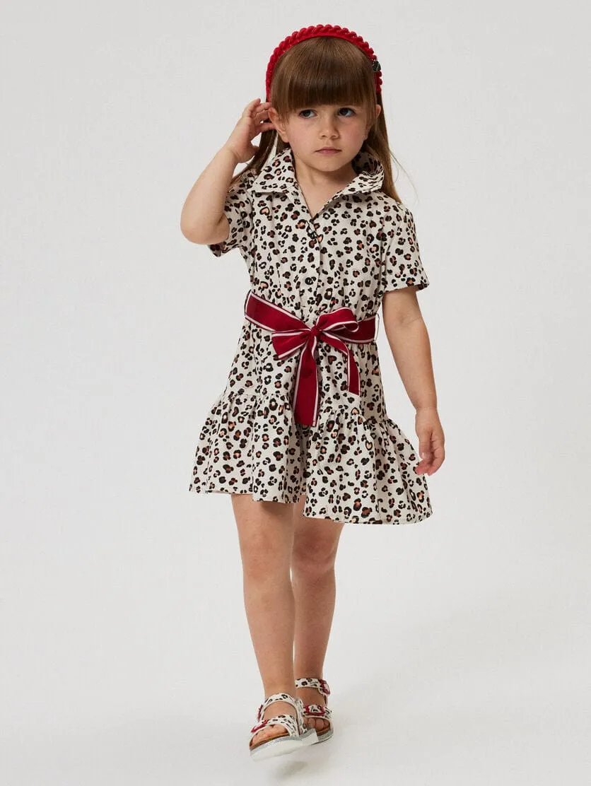 Girls Leopard Shirt Dress in Beige