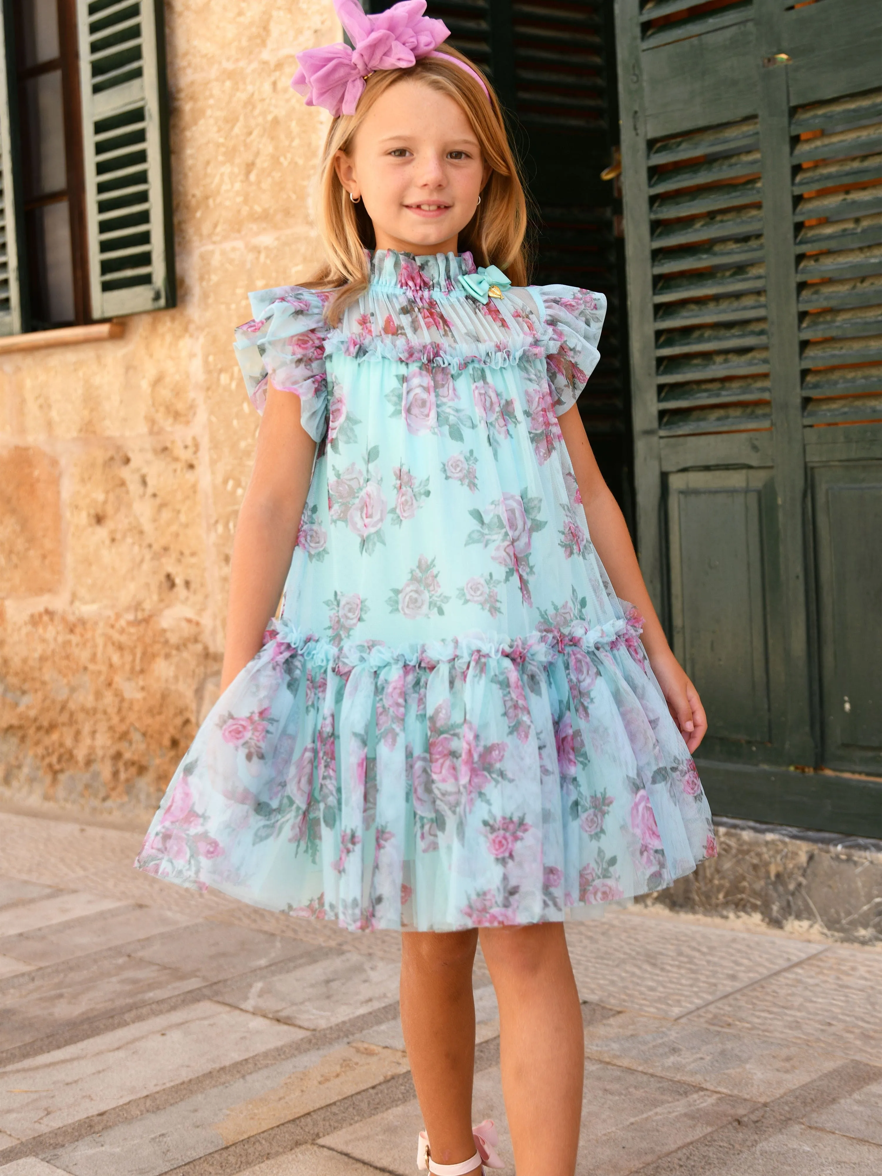 Girls Marigold Roses Dress in Blue