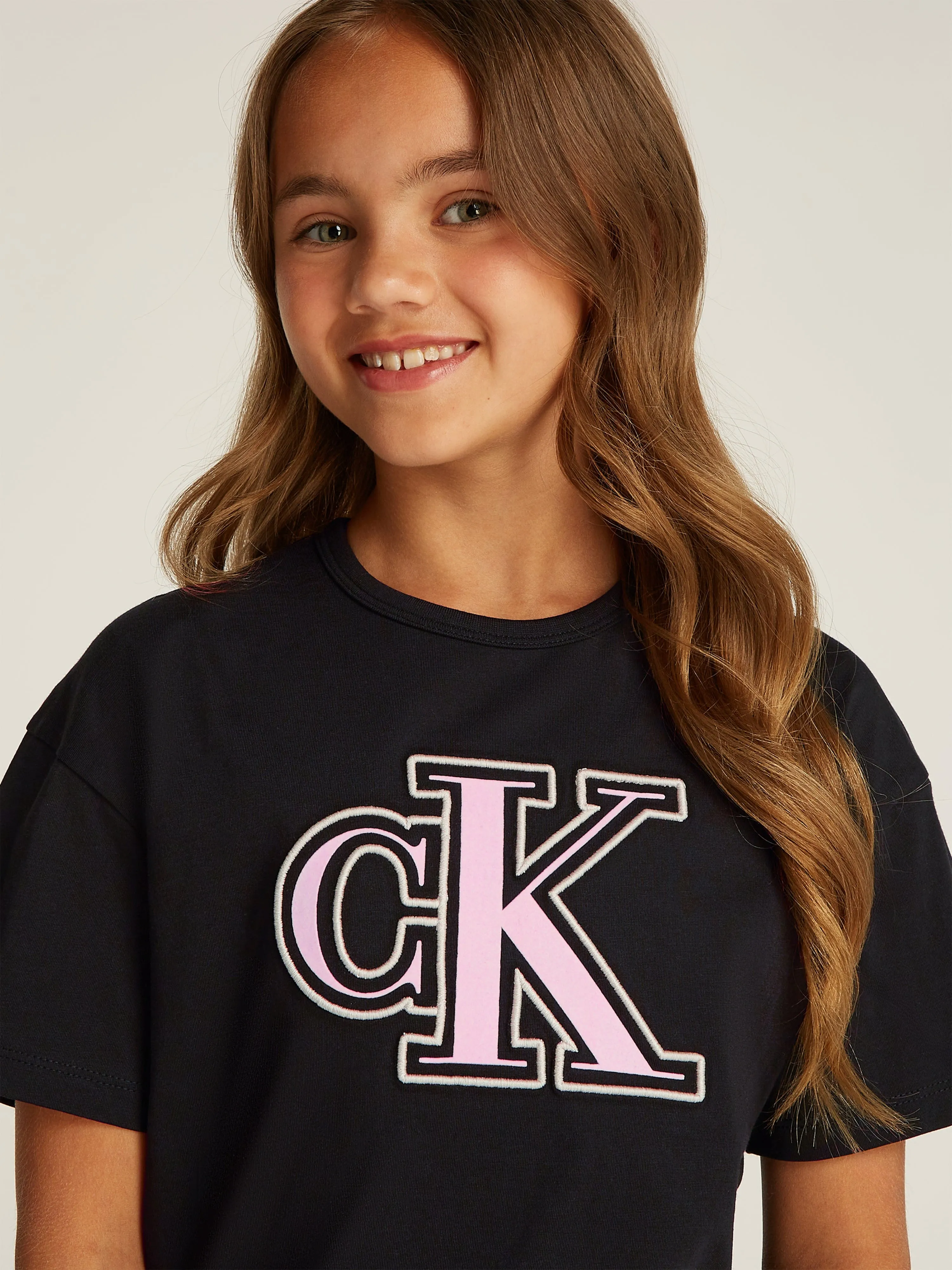 Girls Monogram Flock Boxy T-Shirt in Black