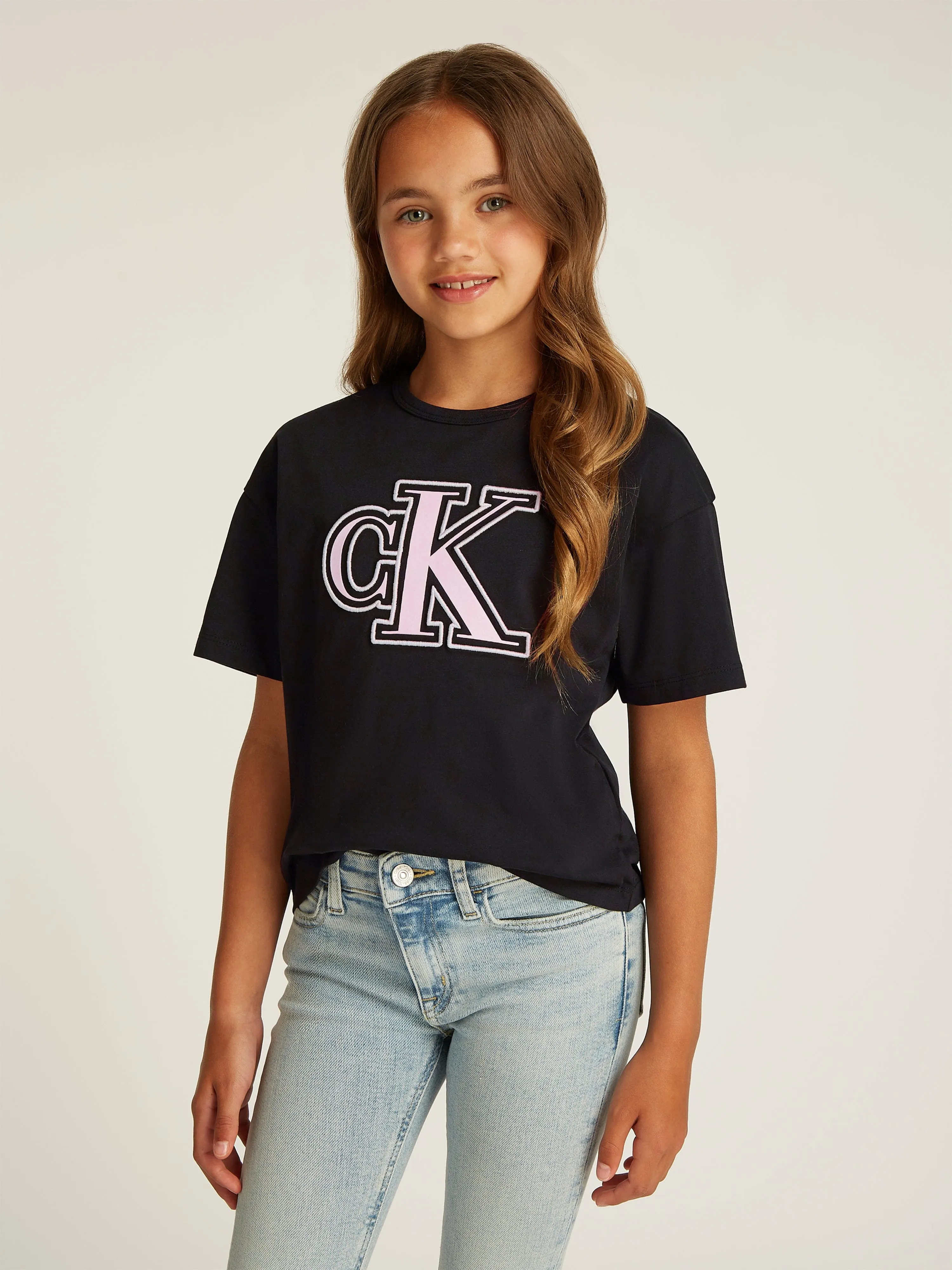 Girls Monogram Flock Boxy T-Shirt in Black