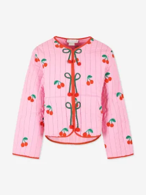 Girls Quilted Embroidered Cherries Jacket in Pink