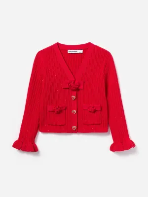 Girls Ribbed Knit Cardigan in Red