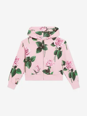 Girls Rose Print Zip Up Top in Pink