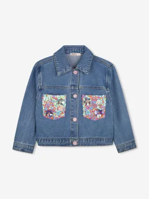 Girls Sequin Pocket Denim Jacket in Blue