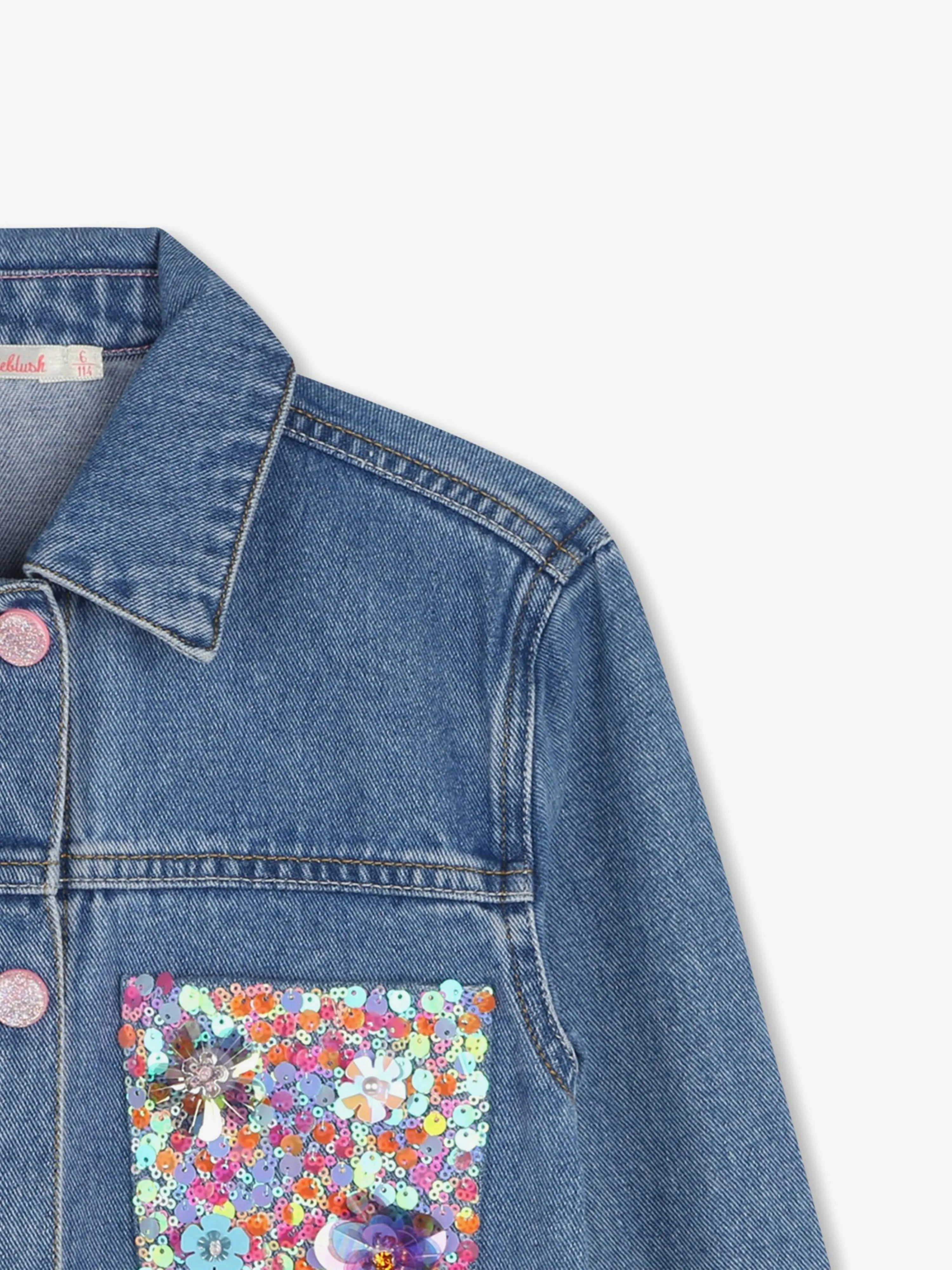 Girls Sequin Pocket Denim Jacket in Blue