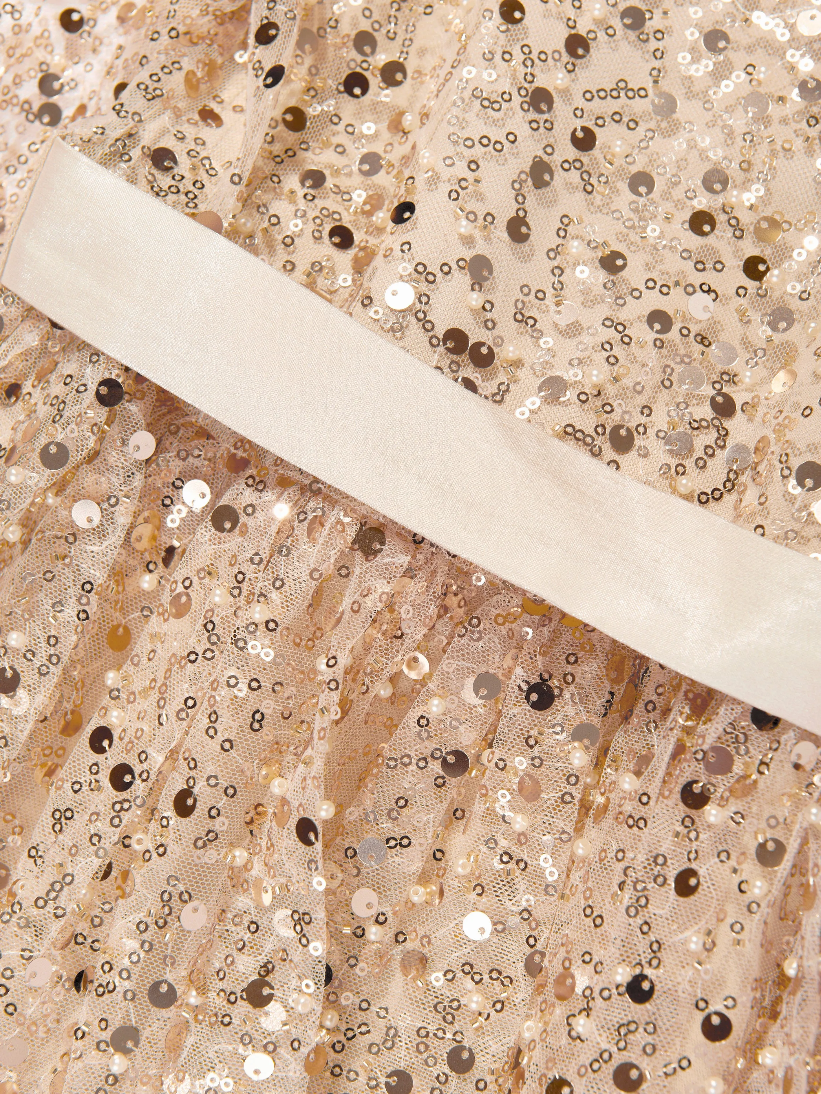 Girls Sequin Tulle Dress in Beige