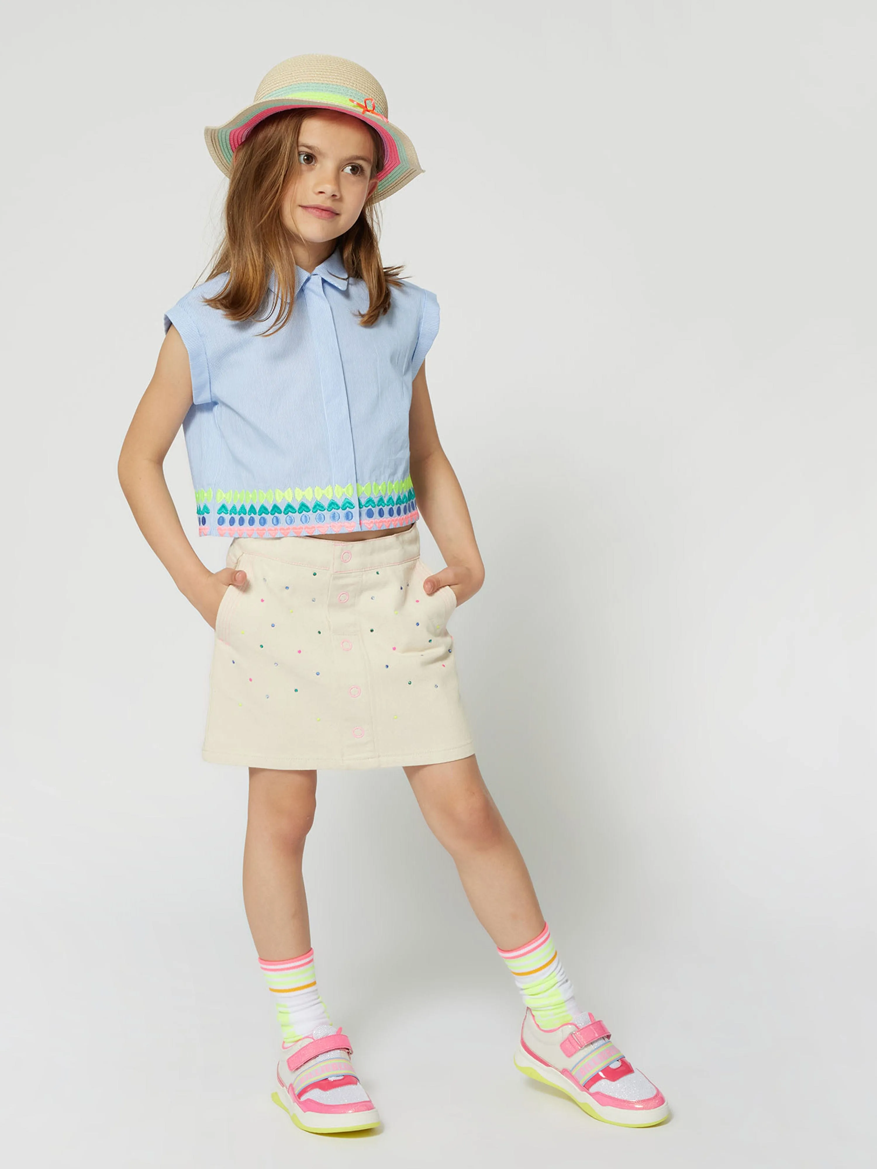 Girls Striped Embroidered Shirt in Blue
