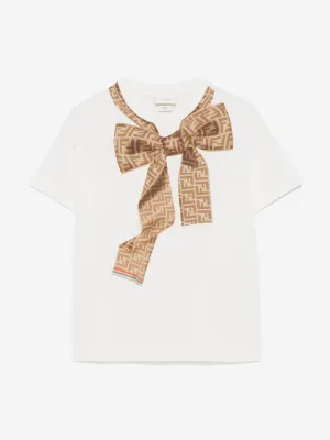 Girls Trompe l'oeil Bow Print T-Shirt in White