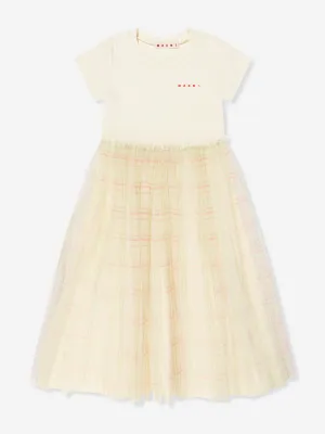 Girls Tulle Check Dress in Ivory