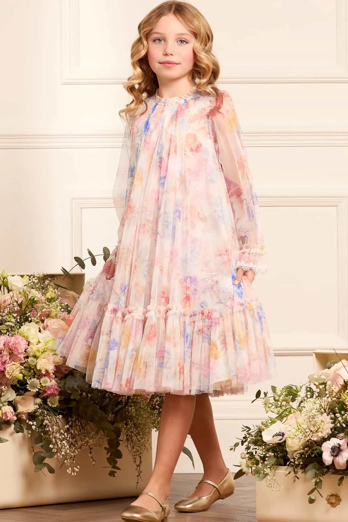 Girls Tulle Mariannes Floral Dress in White