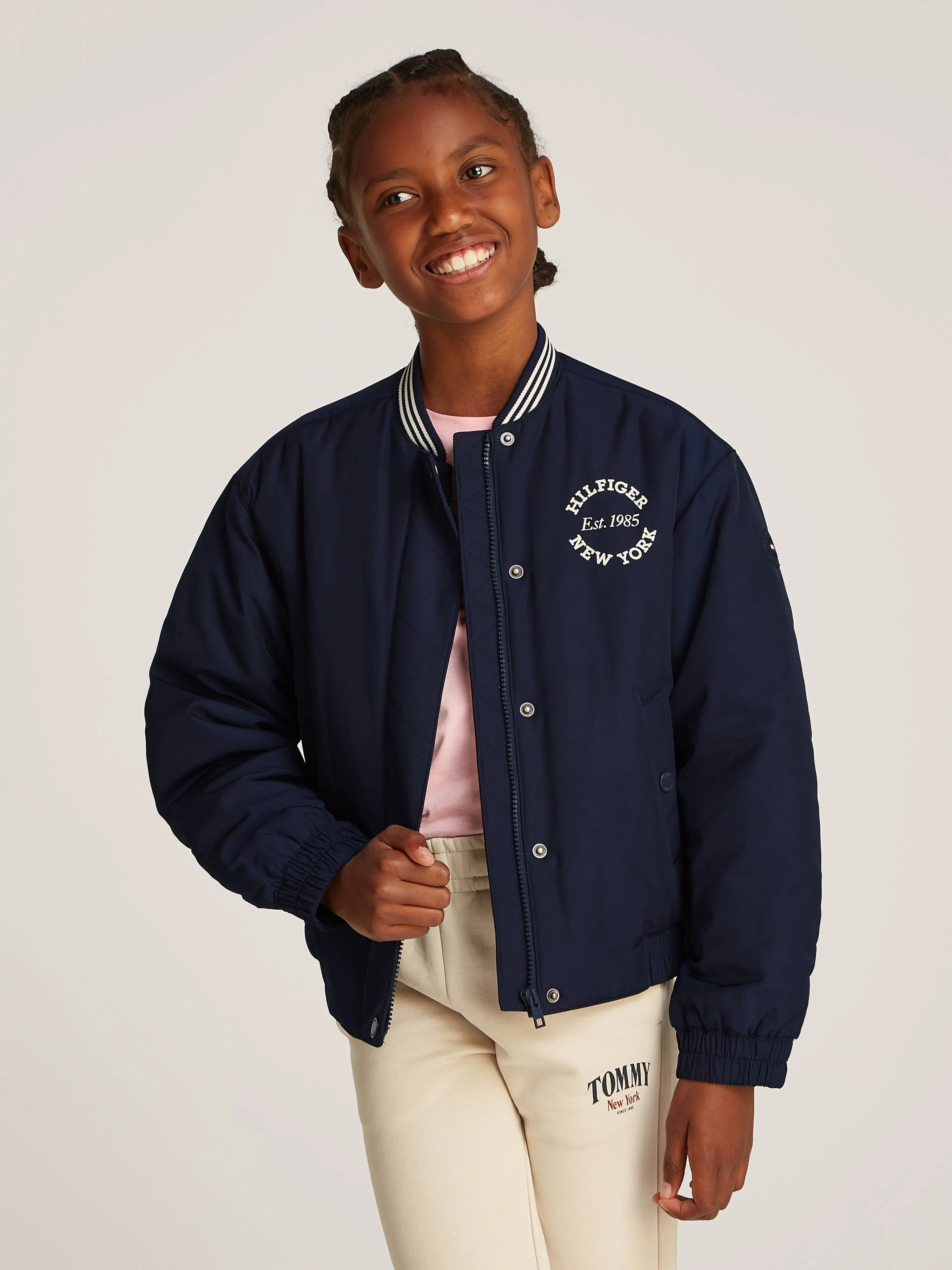 Girls Varsity Sateen Bomber Jacket in Navy