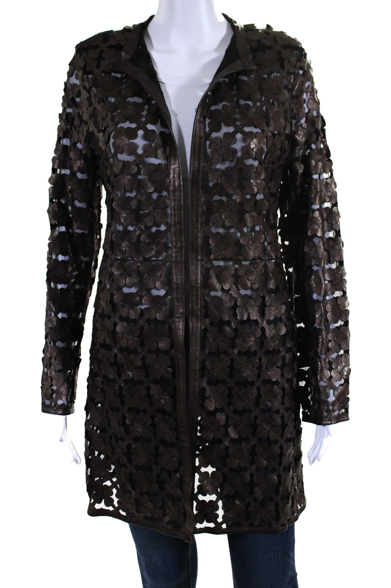 In Transit Womens Laser Cut Metallic Mesh Leather Jacket Dark Brown Black Medium