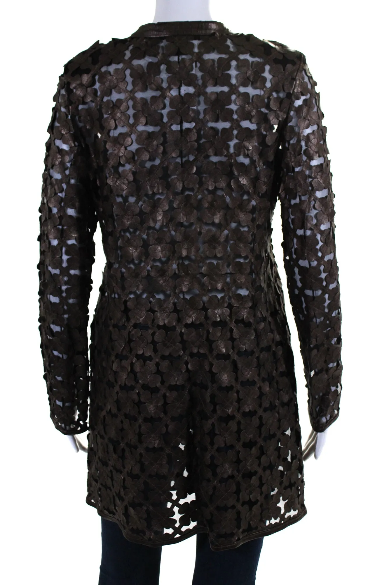 In Transit Womens Laser Cut Metallic Mesh Leather Jacket Dark Brown Black Medium