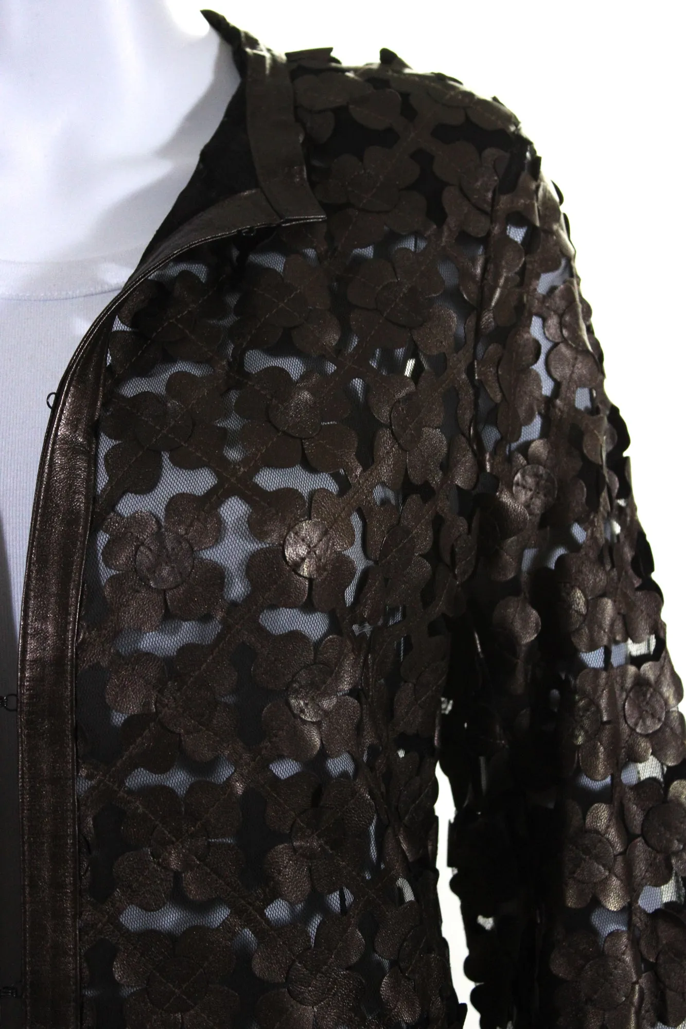 In Transit Womens Laser Cut Metallic Mesh Leather Jacket Dark Brown Black Medium