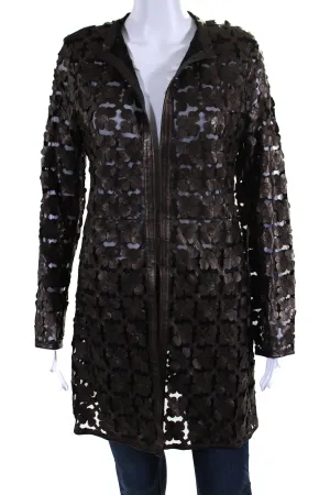 In Transit Womens Laser Cut Metallic Mesh Leather Jacket Dark Brown Black Medium