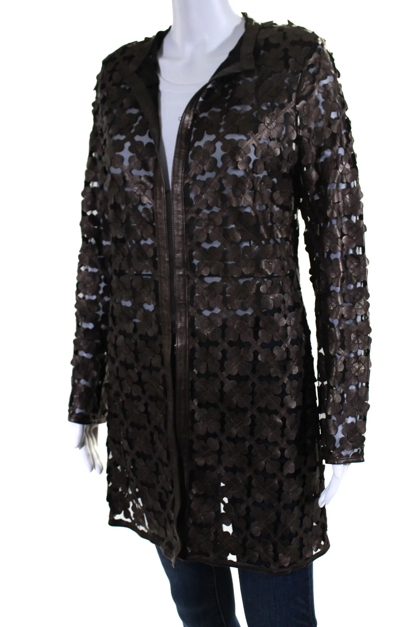 In Transit Womens Laser Cut Metallic Mesh Leather Jacket Dark Brown Black Medium