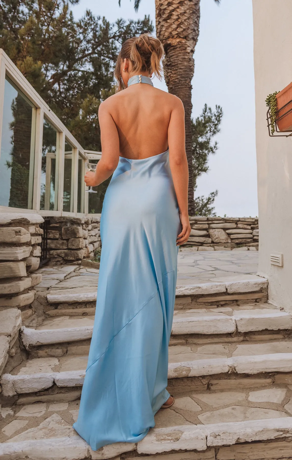 Jasmine Halter Maxi Dress ~ Baby Blue Luxe Satin