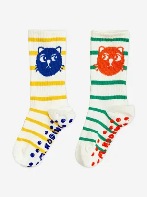 Kids Cat Striped 2-Pack Anti-Slip Socks in Multicolour