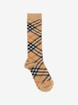 Kids Check Cotton Blend Socks in Beige