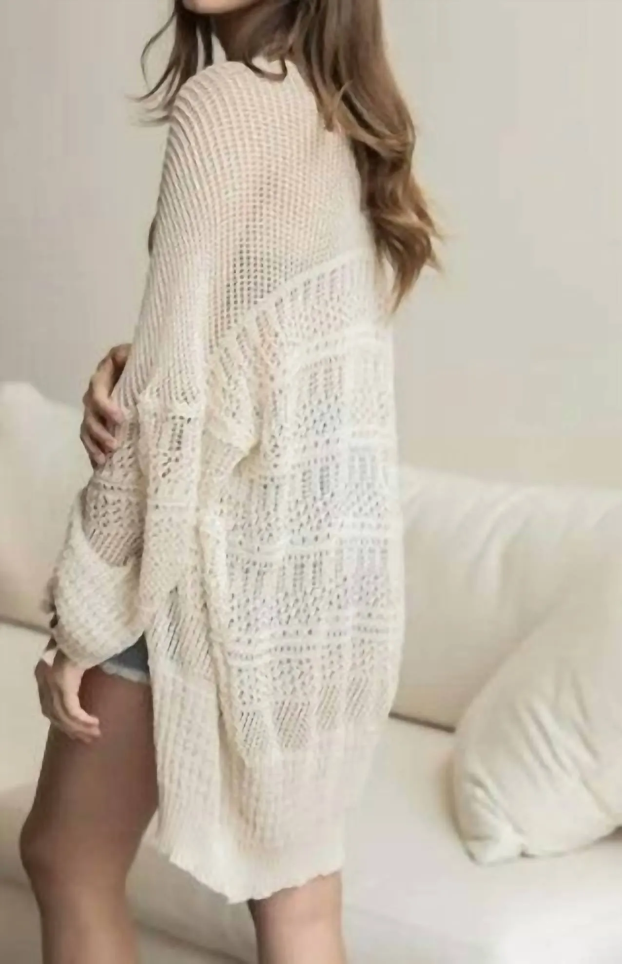 Knit Netted Cardigan Wrap In Cream