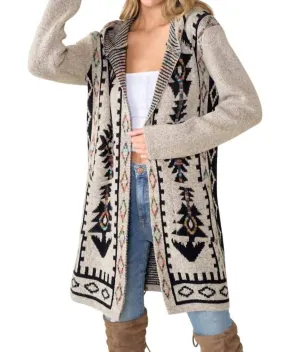 Lucille Aztec Print Hooded Cardigan In Oatmeal