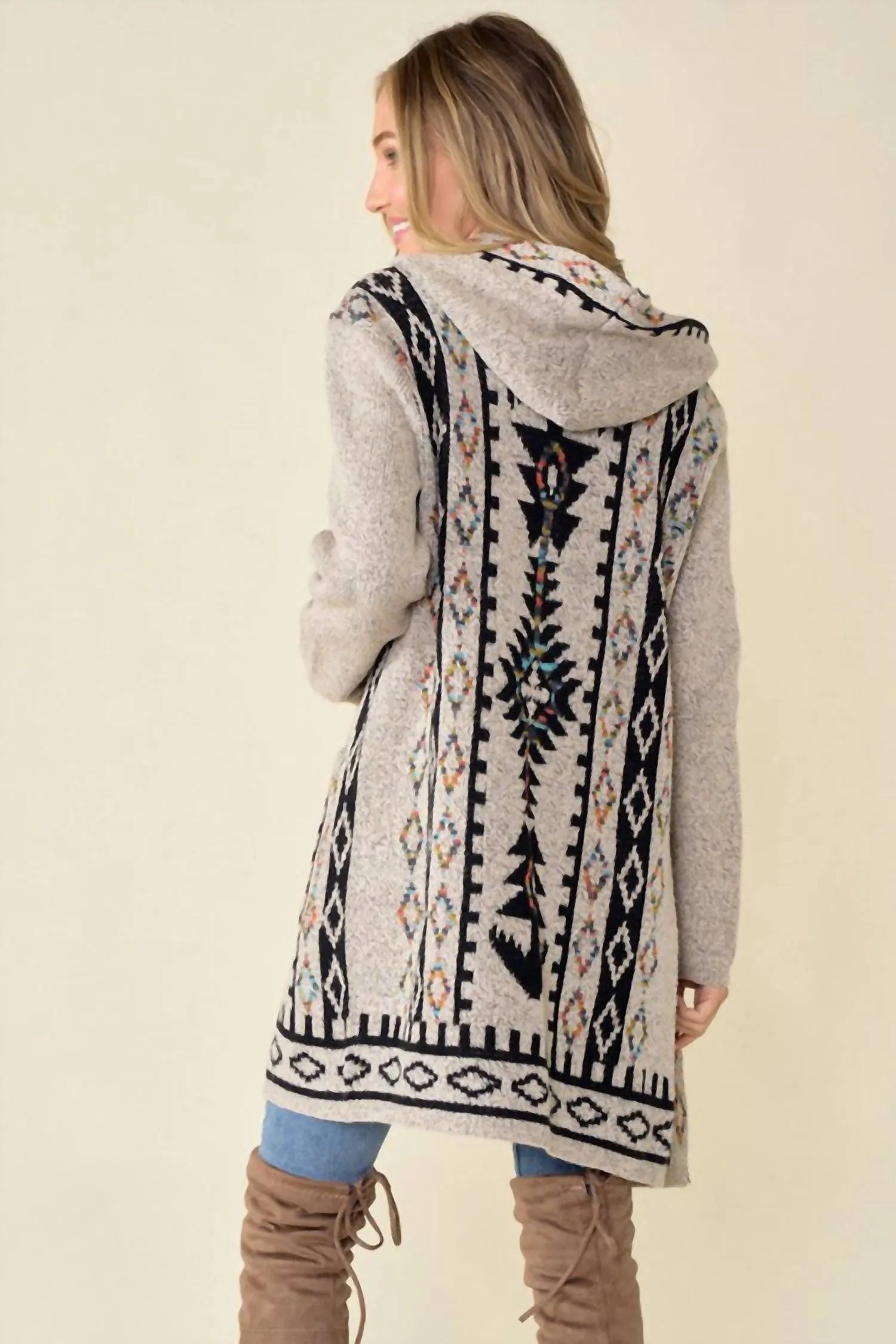 Lucille Aztec Print Hooded Cardigan In Oatmeal