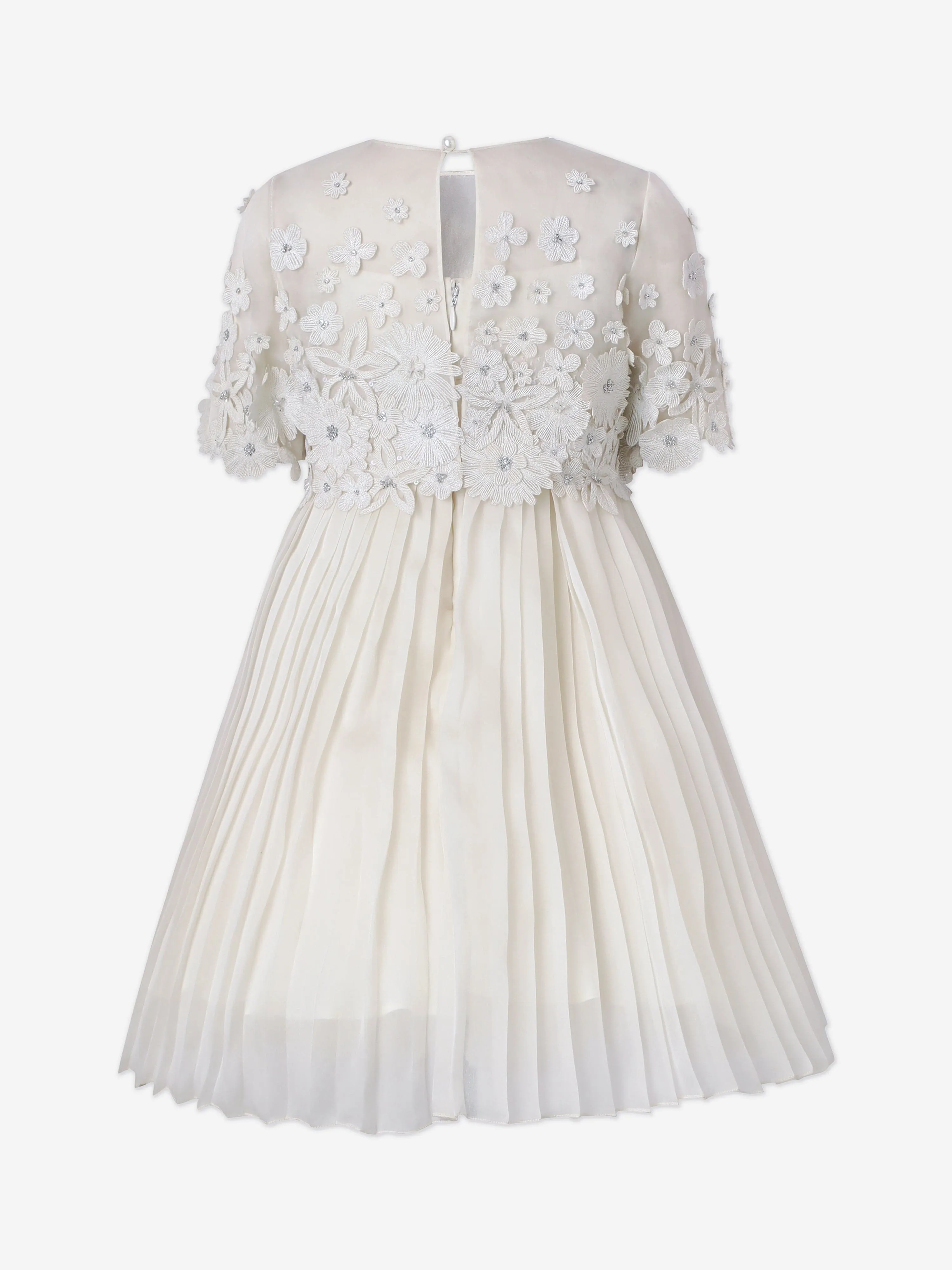 Maison Ava Girls Leonie Embroidered Pleated Dress in Ivory