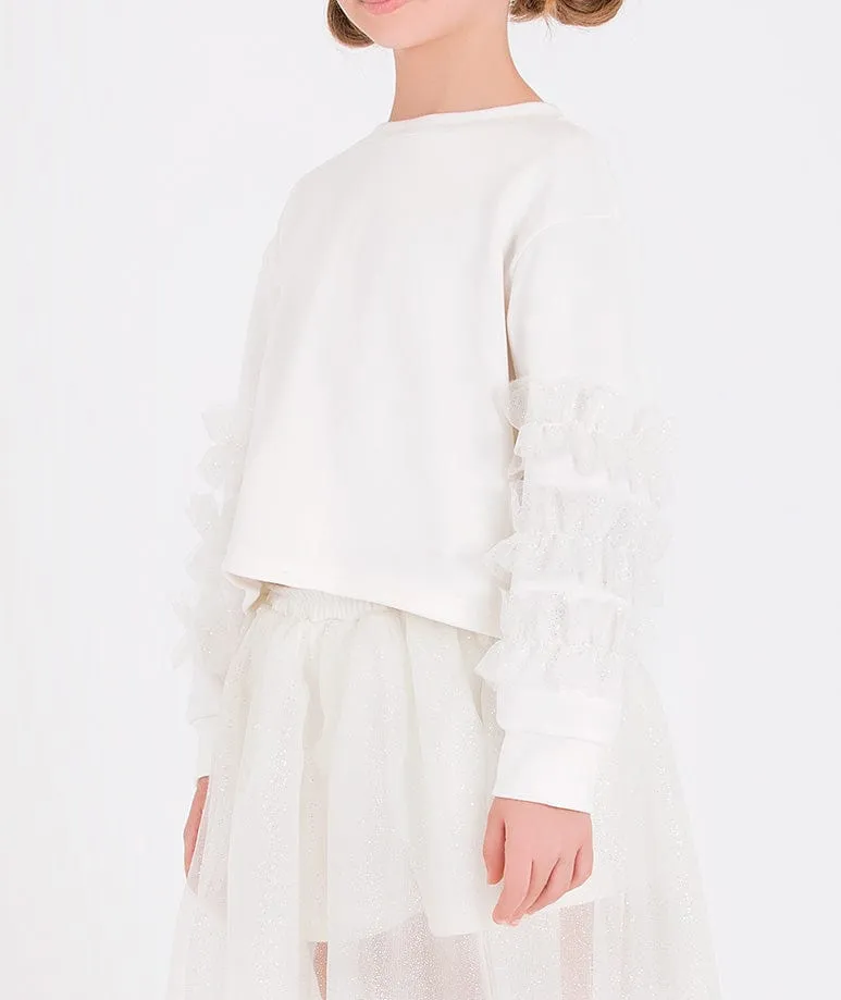 Mama Luma Girls Organza Detailed Sleeve Sweatshirt in White