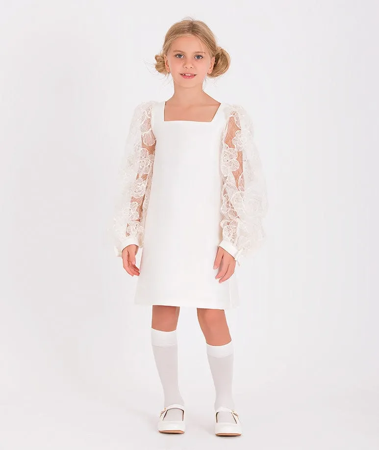 Mama Luma Girls Organza Flower Sleeve Dress in White
