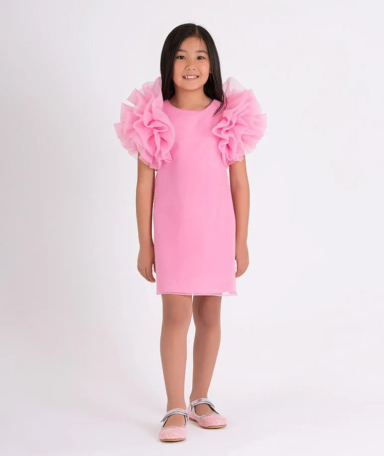 Mama Luma Girls Organza Ruffle Sleeve Dress in Pink