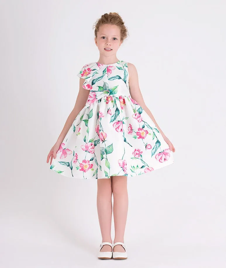 Mama Luma Girls Ruffle Floral Print Dress in White