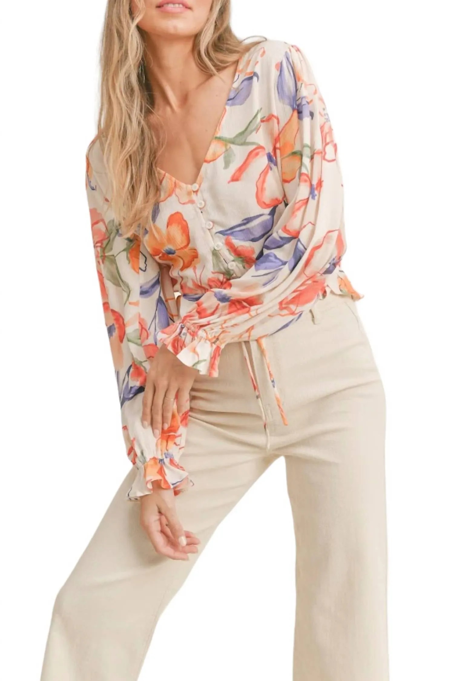 Margot Button Front Blouse In Orange/blue