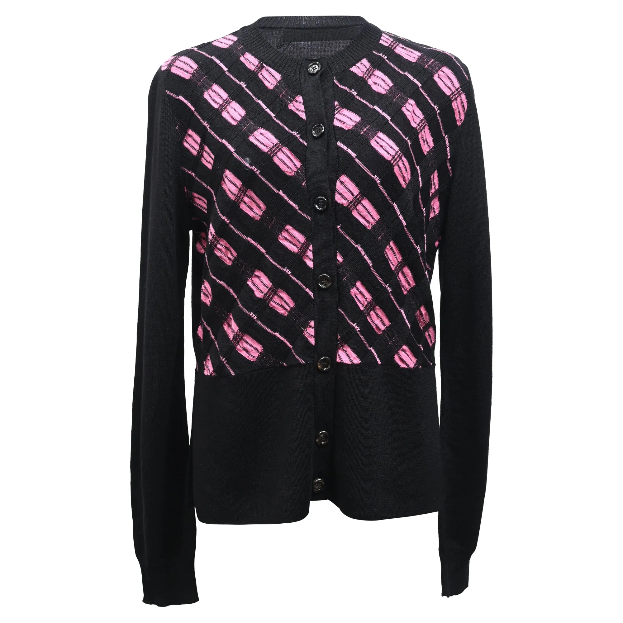 Marni Weave Pattern Buttoned Cardigan in Black and Pink Wool