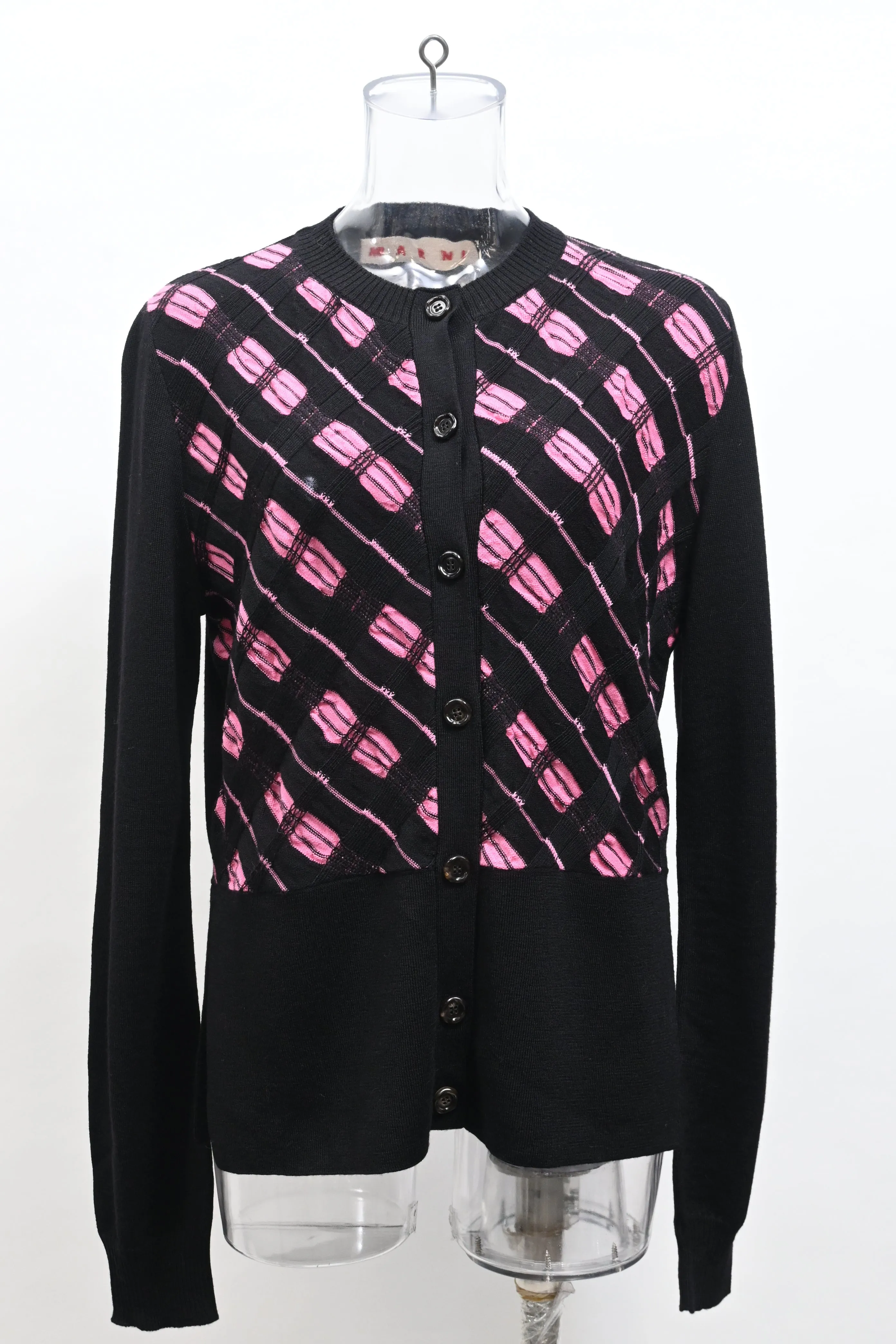Marni Weave Pattern Buttoned Cardigan in Black and Pink Wool