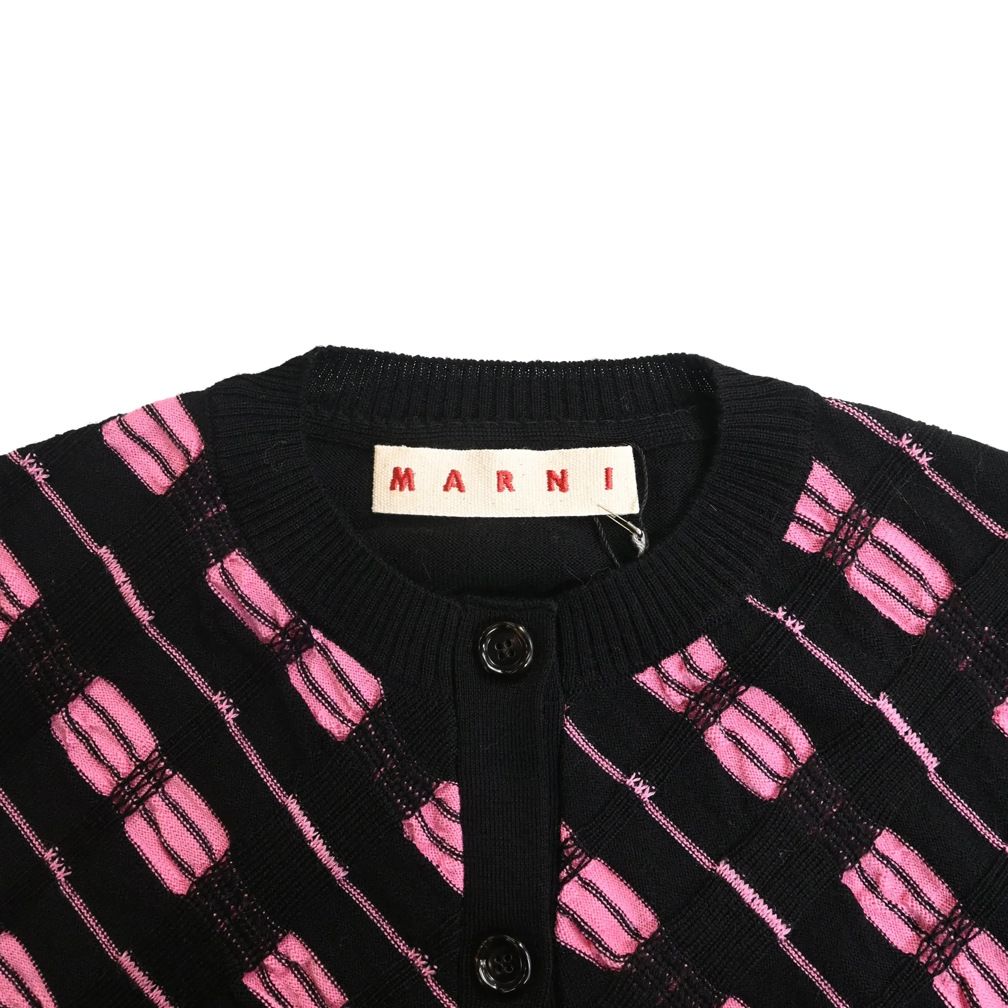 Marni Weave Pattern Buttoned Cardigan in Black and Pink Wool