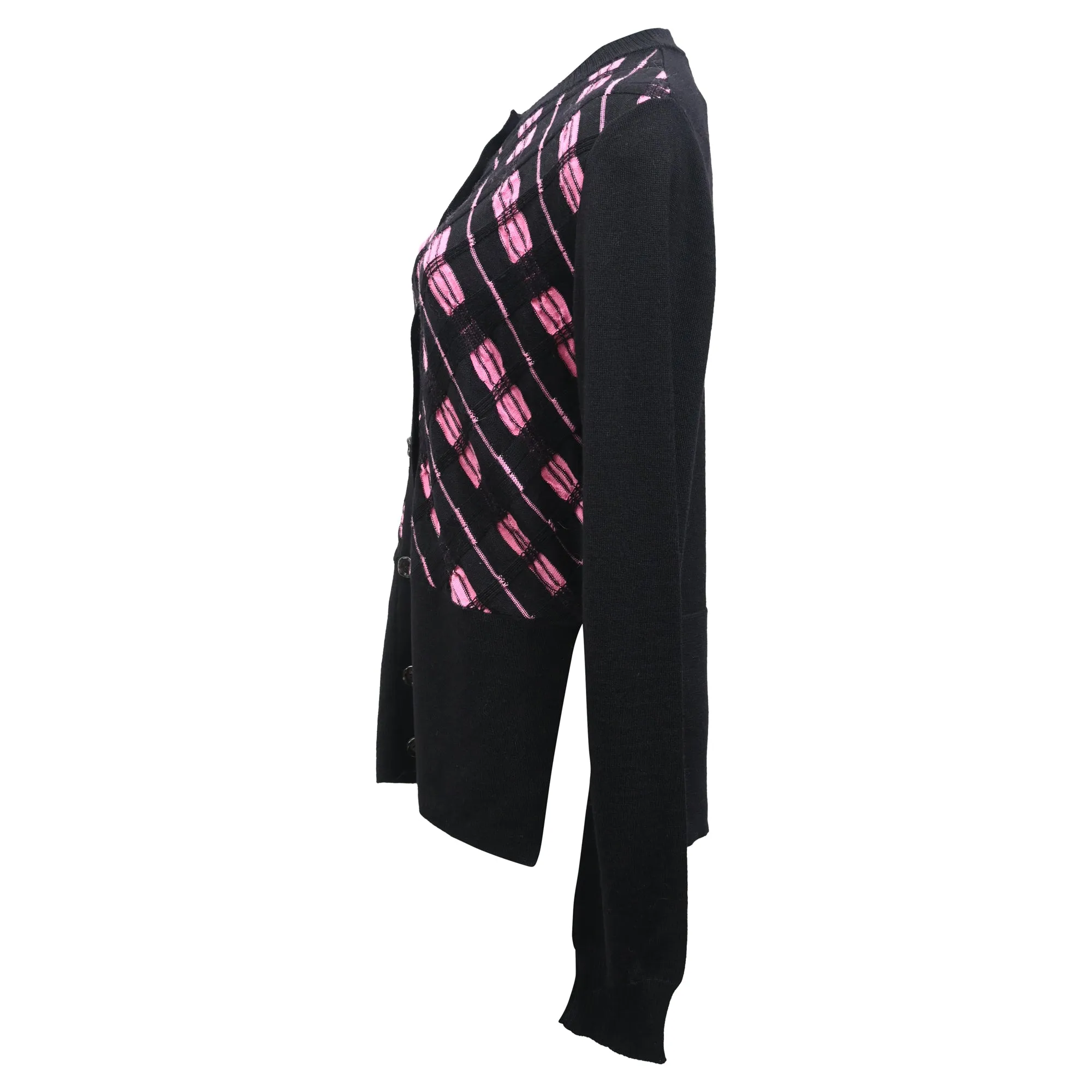 Marni Weave Pattern Buttoned Cardigan in Black and Pink Wool