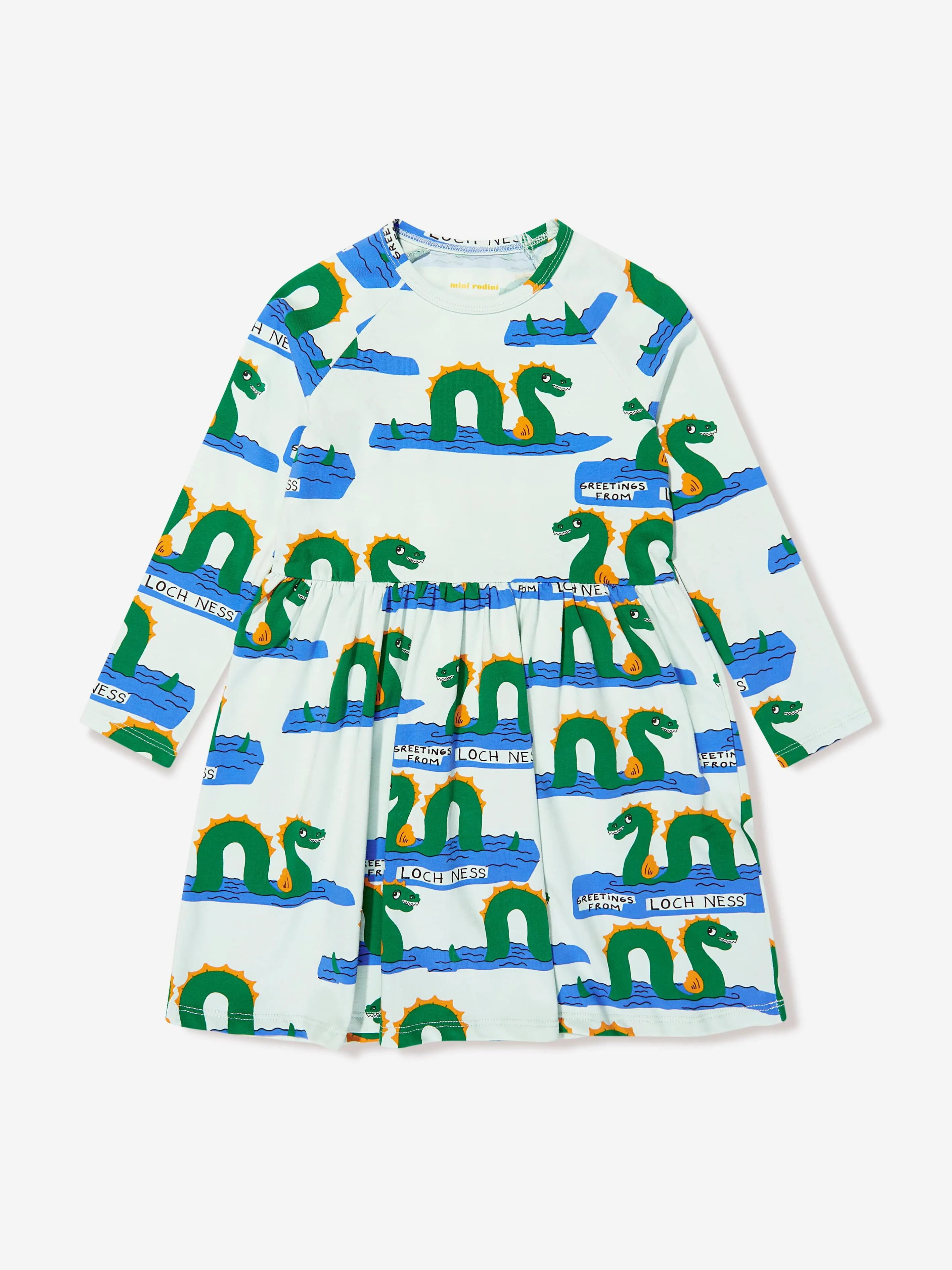 Mini Rodini Girls Organic Cotton Loch Ness Long Sleeve Dress in Green