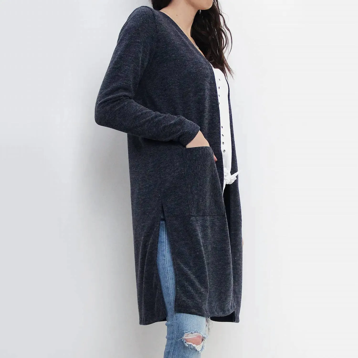 Mohaire Side Slit Pocket Cardigan In Navy
