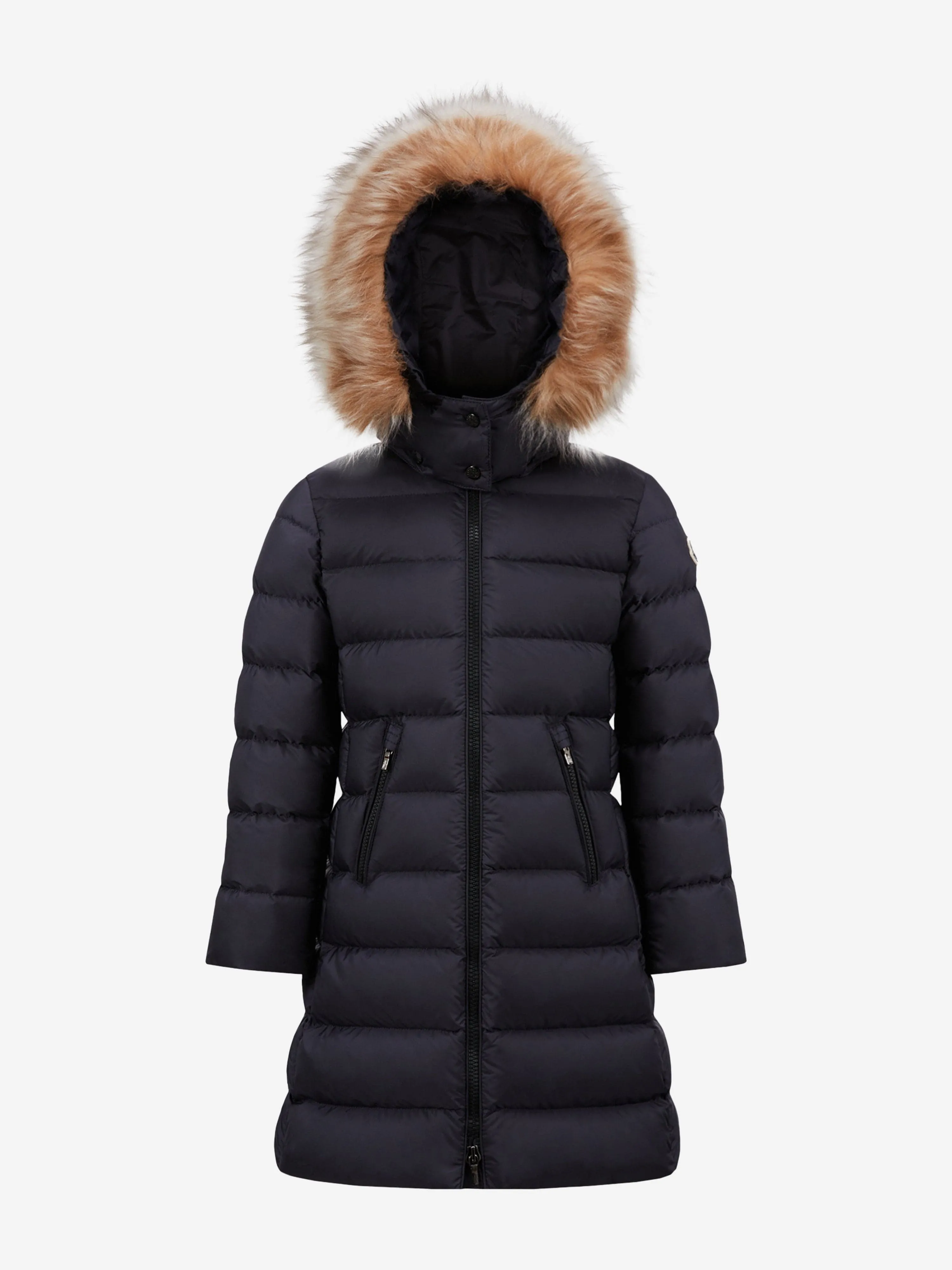 Moncler Enfant Girls Abelle Hooded Shearling Down Coat in Navy