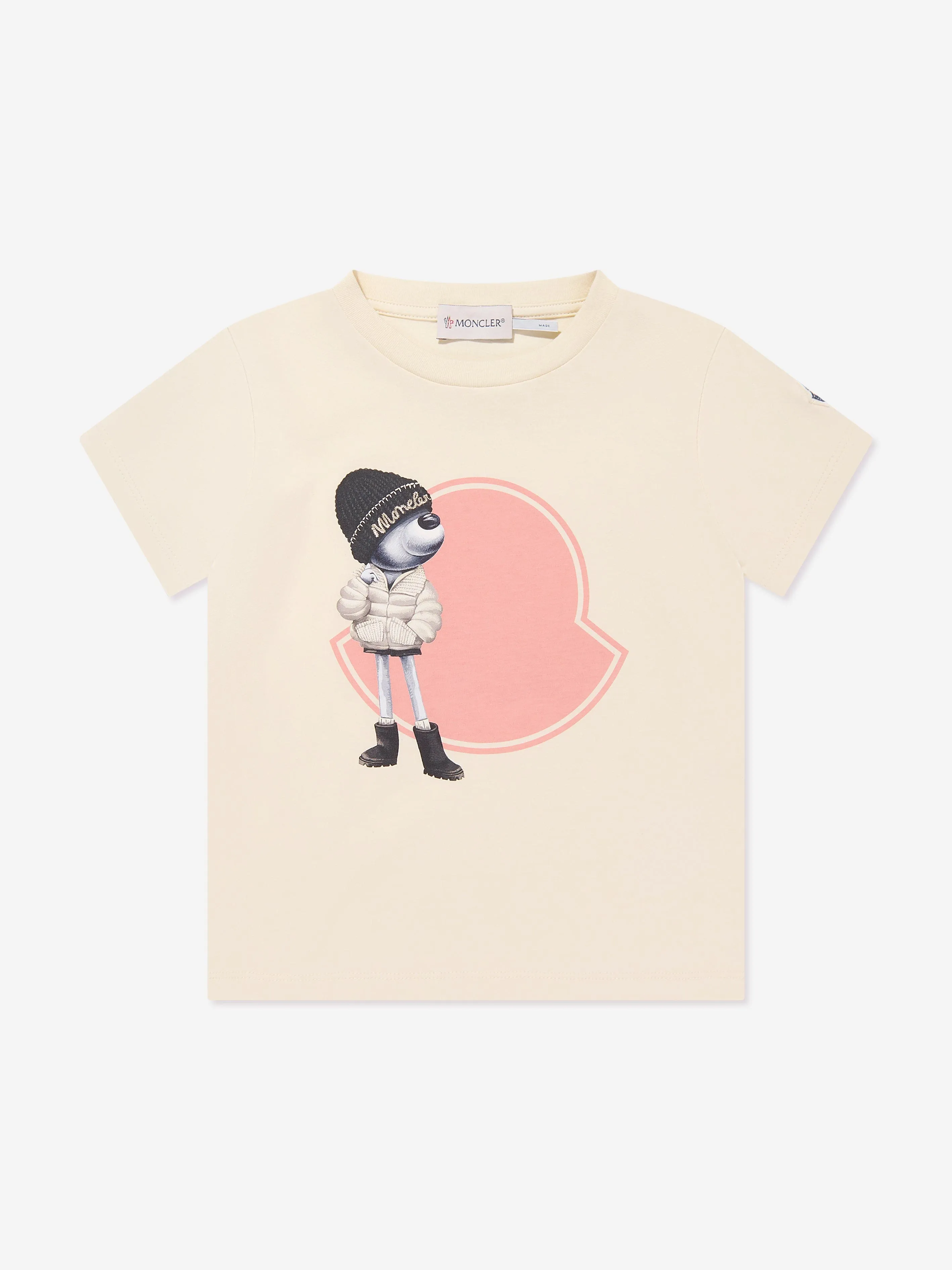 Moncler Enfant Girls Bear Motif Logo T-Shirt in Ivory