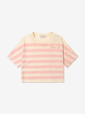 Moncler Enfant Girls Striped Logo T-Shirt in Cream