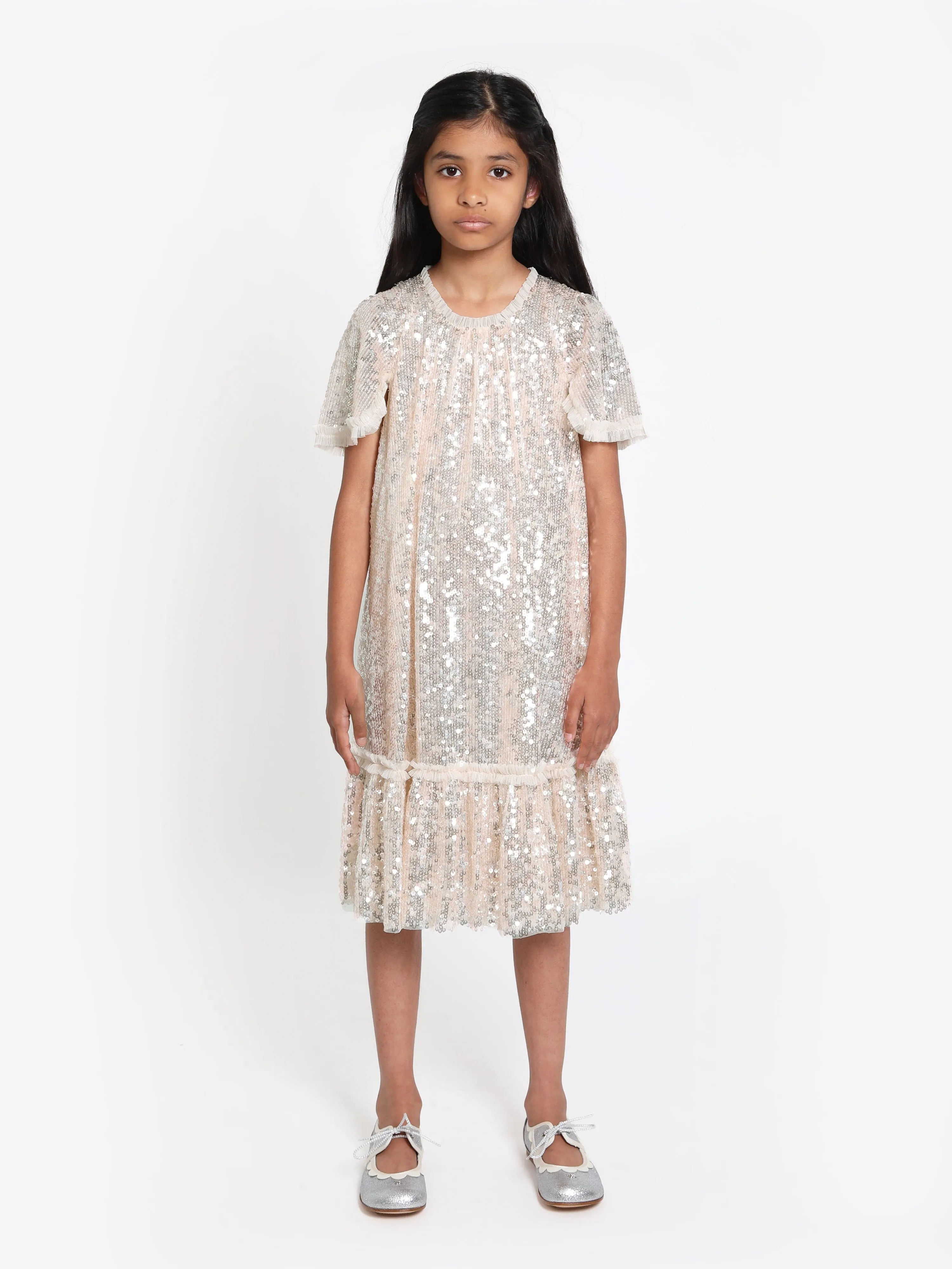Needle & Thread Girls Mila Gloss Dress in Cream