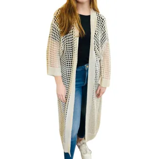 Open Knit Long Kimono Cardigan In Cream