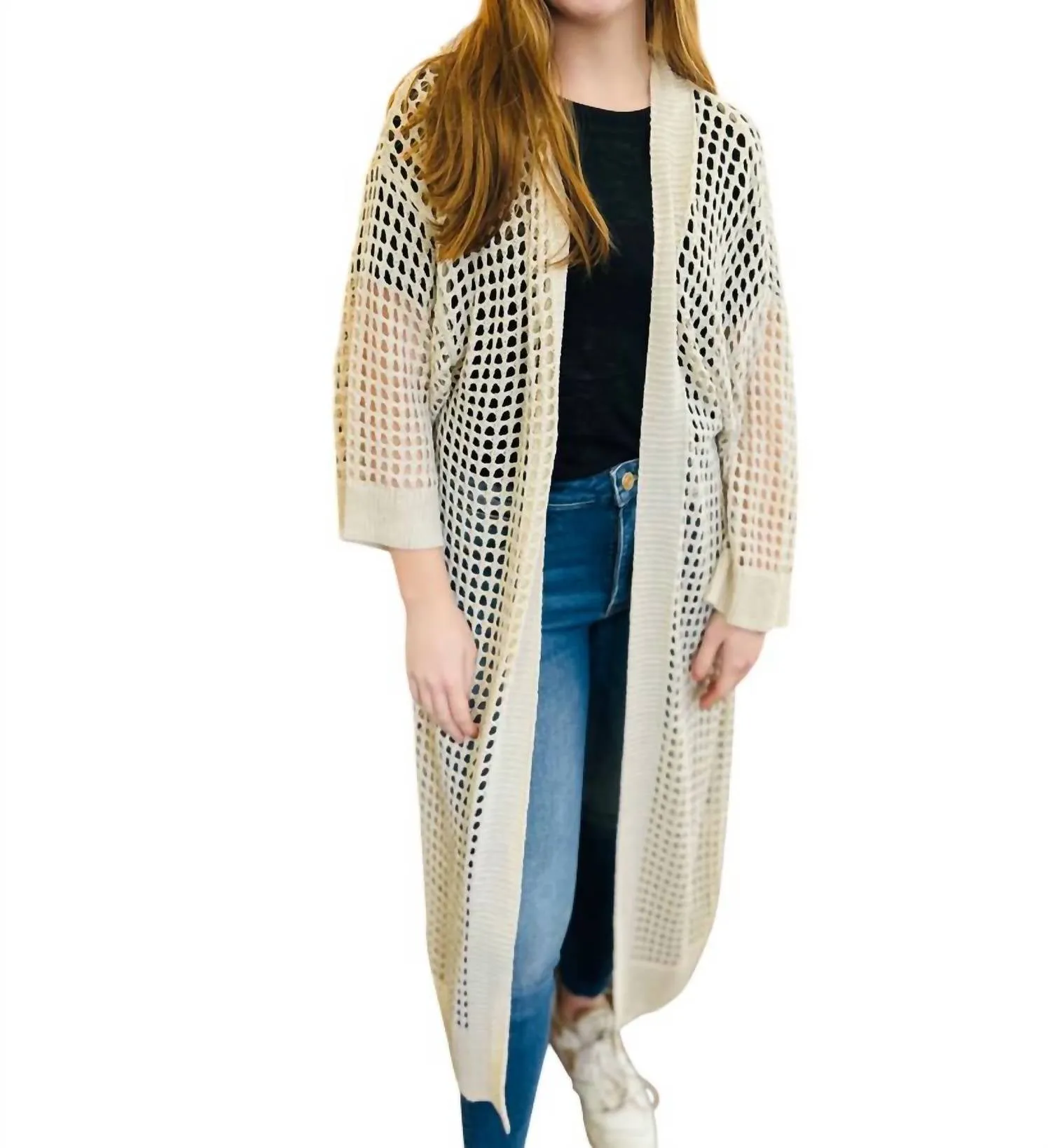 Open Knit Long Kimono Cardigan In Cream