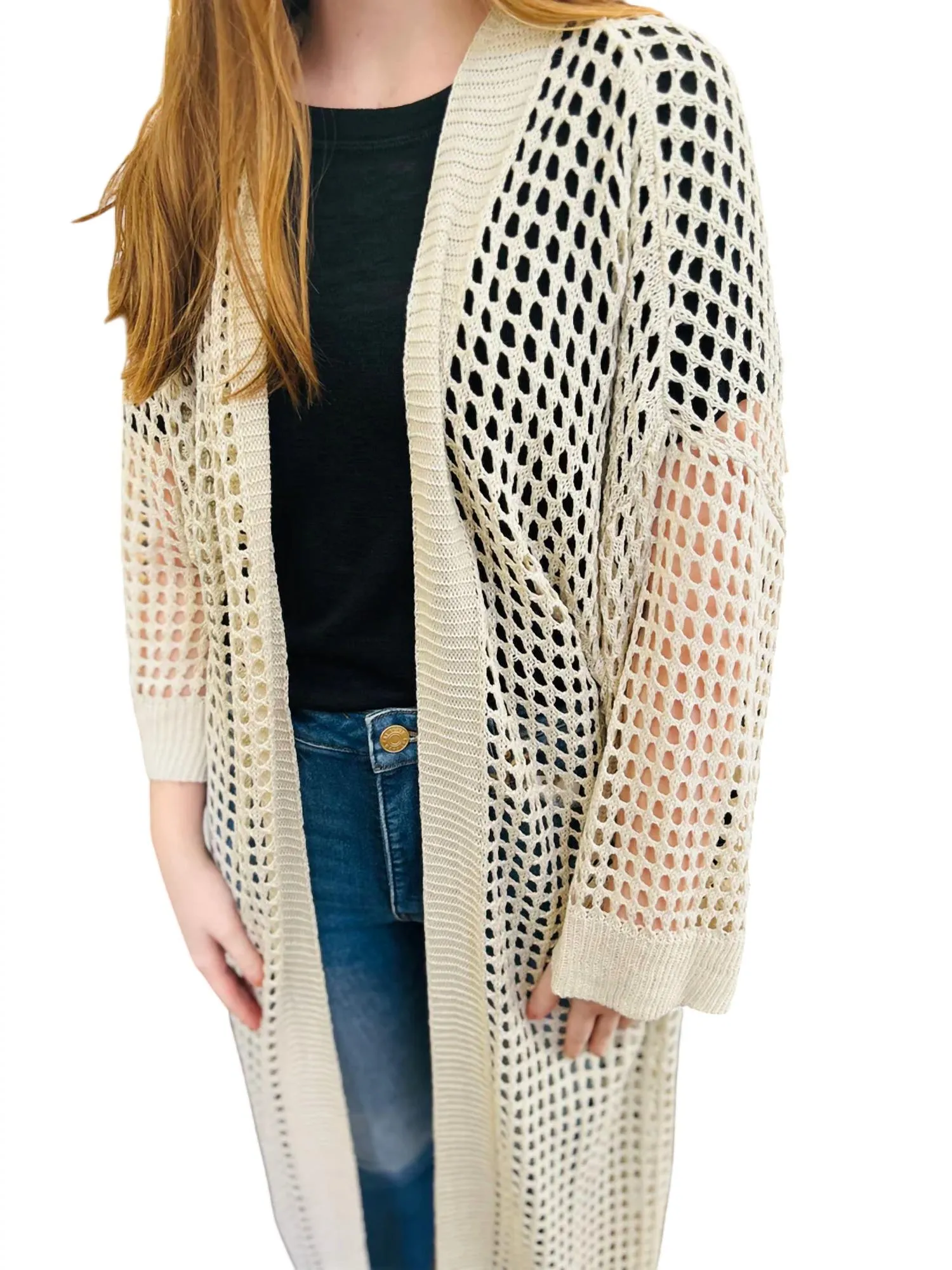 Open Knit Long Kimono Cardigan In Cream