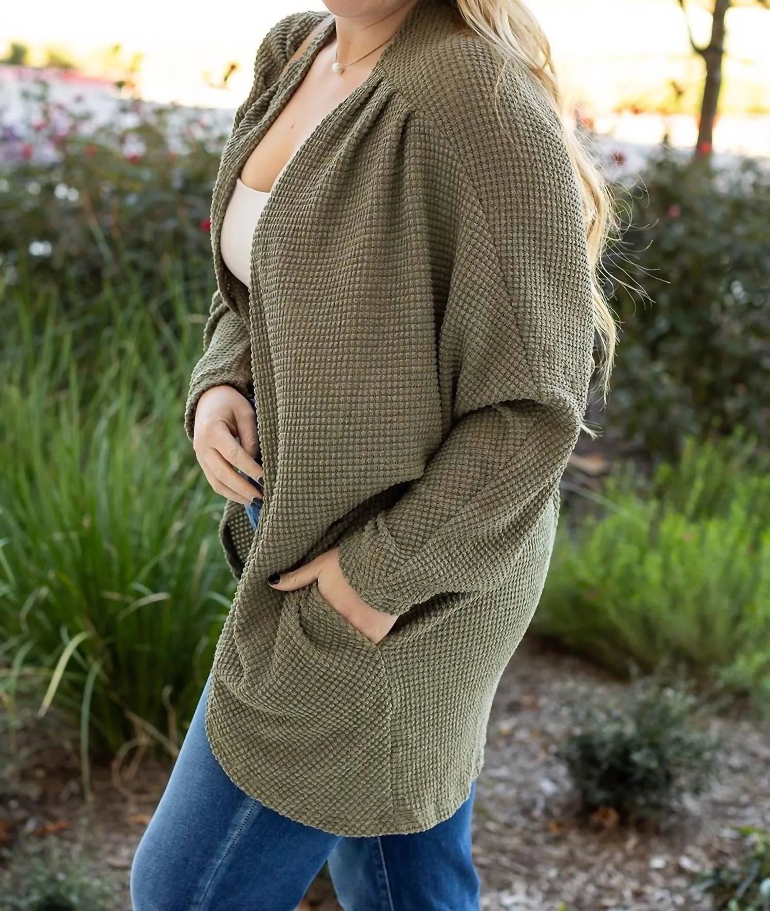 Plus Size Waffle Knit Open Front Cardigan In Green