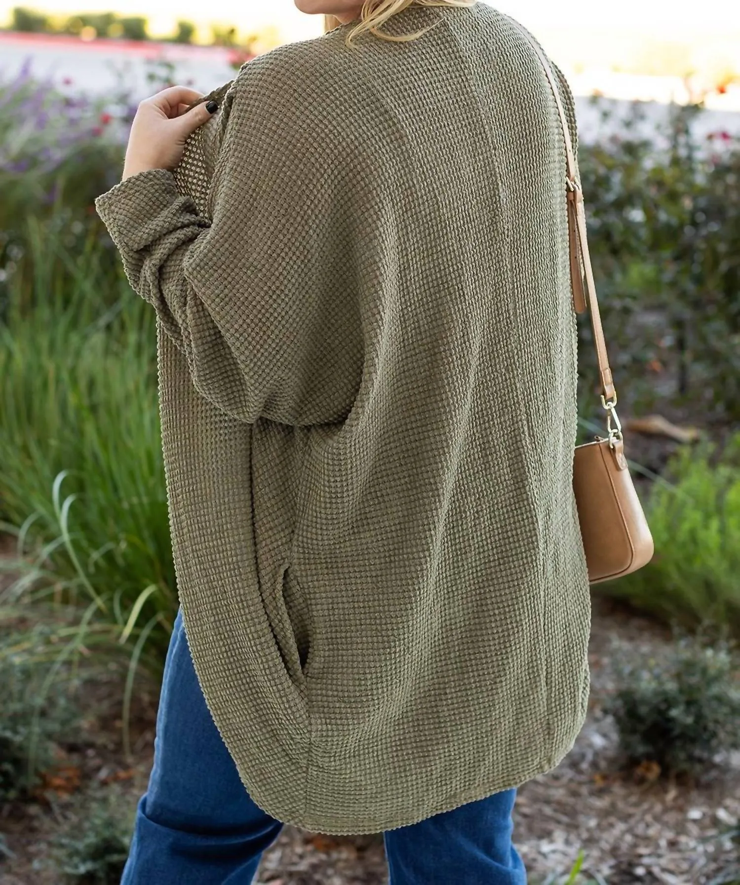 Plus Size Waffle Knit Open Front Cardigan In Green