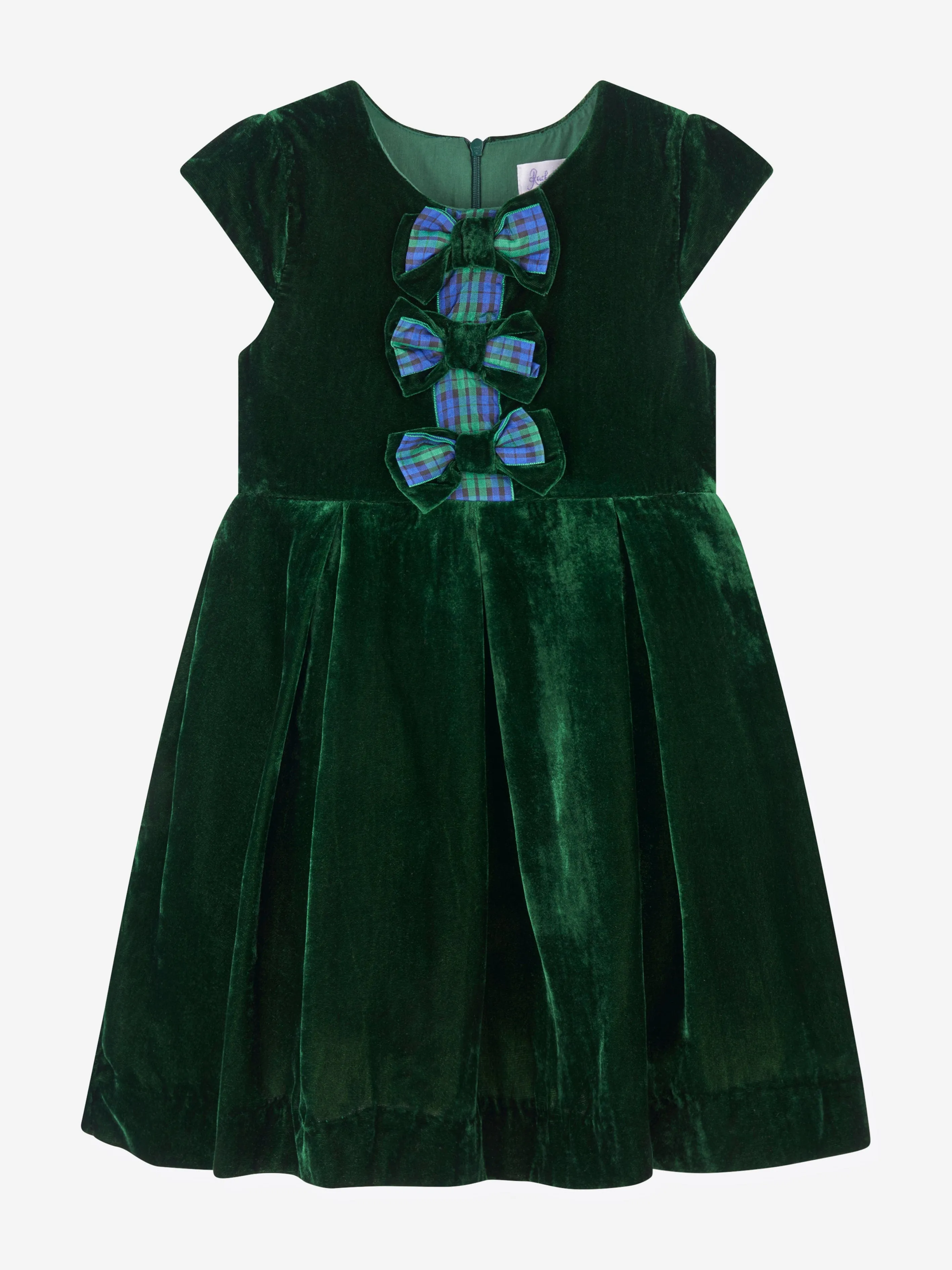 Rachel Riley Girls Tartan Bow Velvet Dress in Green