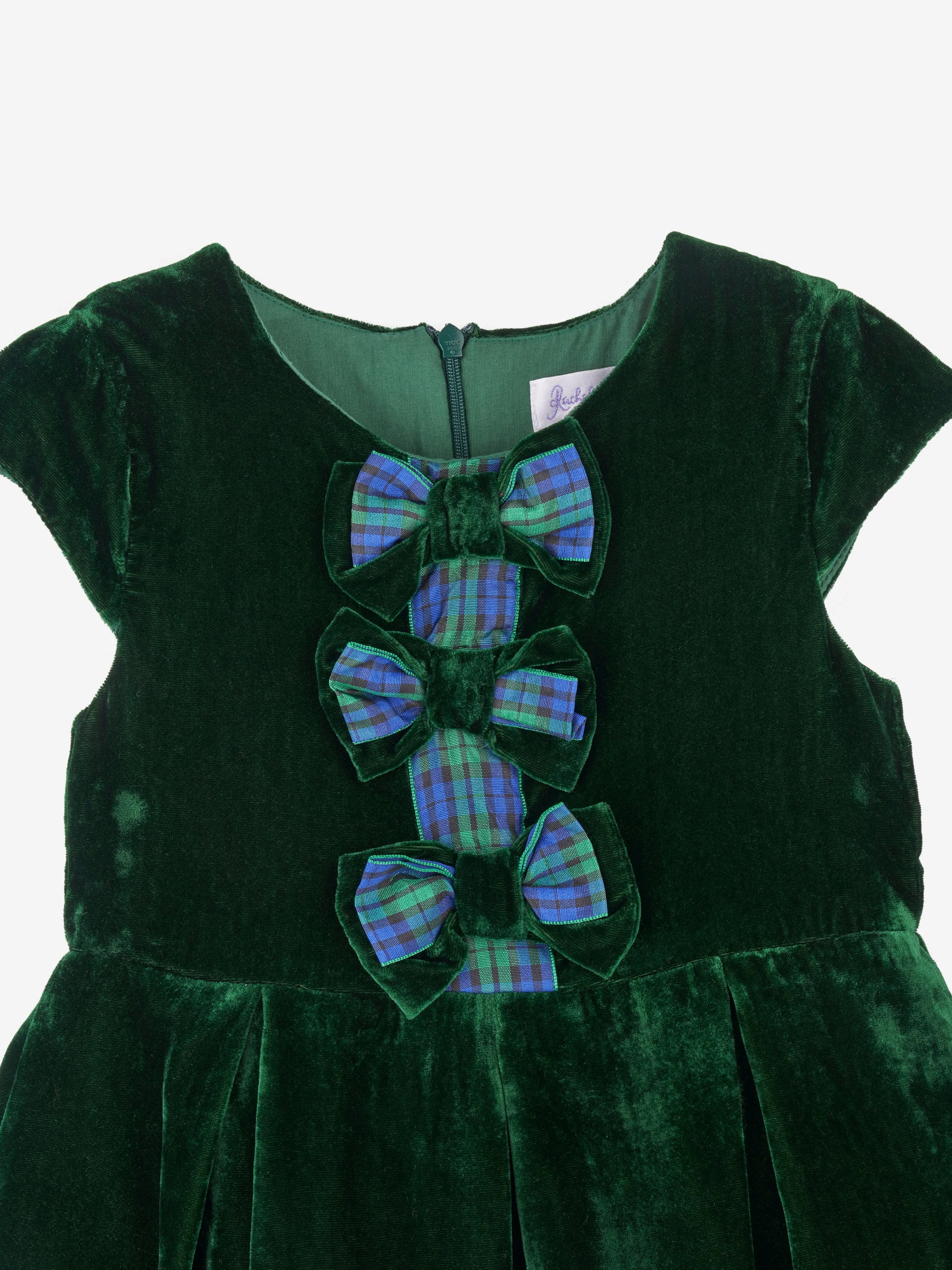 Rachel Riley Girls Tartan Bow Velvet Dress in Green